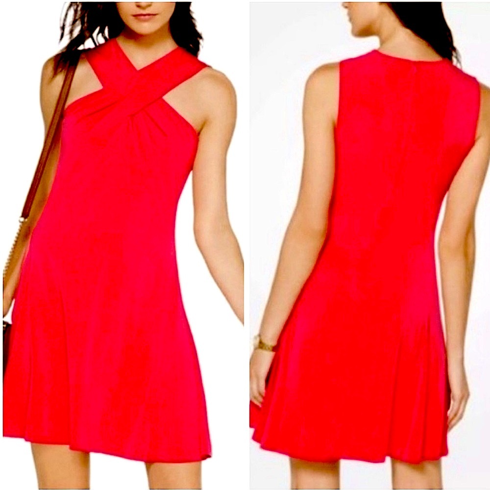 NWT Michael By Michael Kors Cherry Red Crossneck Halter Sleeveless Swing Dress